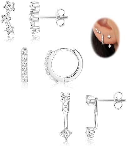 VAMA FASHIONS 3 Pair 18K Silver Plated CZ Stone Dainty Stud Huggie Hoop ...