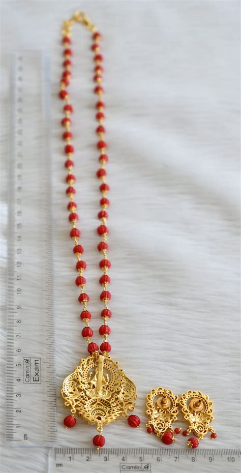 Gold tone coral pumpkin beaded ruby-green-white lakshmi necklace set d ...