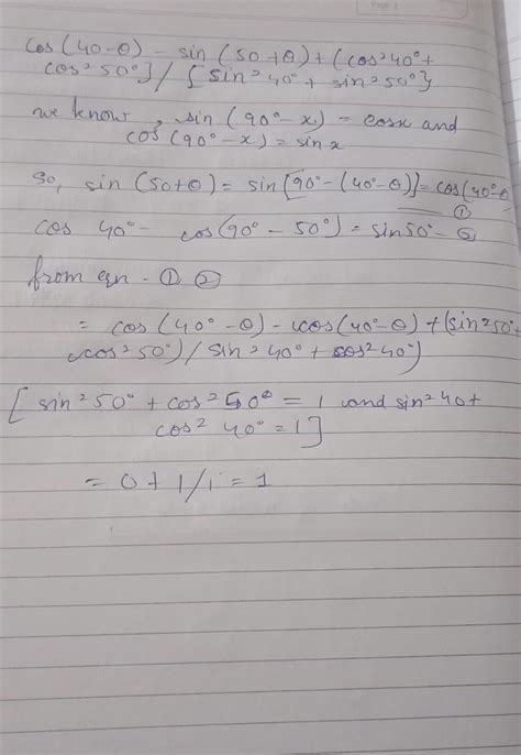 find cos(40-theta) - sin (50 + theta) + 2( cos ^2 45 + tan ^2 60) - 6 ...