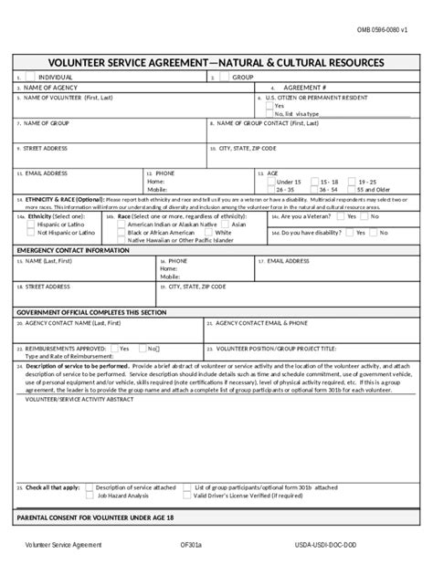 Fillable Online Form OF 301a OF 301a Volunteer Service Agreement Fax ...