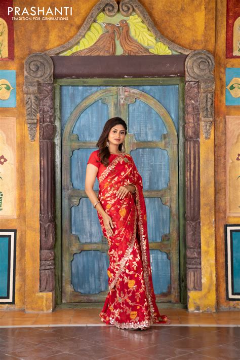 Pure organza silk saree red with allover thread & zari weaves and gott ...