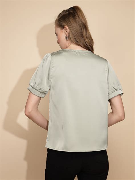 Avocado Green Satin Cowl Neck Top with 3D Organza Roses | Elegant Women ...