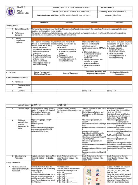 Week 3 Lesson Plan | PDF | Variable (Mathematics) | Multiplication