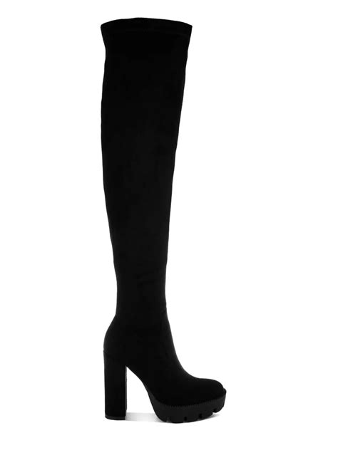 London Rag Black Black High Block Heeled Faux Suede Long Boots for ...