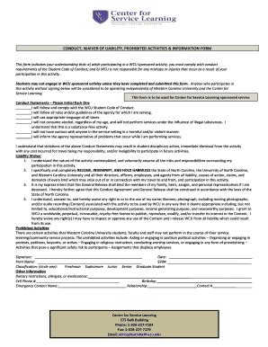 Fillable Online wcu CONDUCT, WAIVER OF LIABILITY, PROHIBITED ACTIVITIES ...