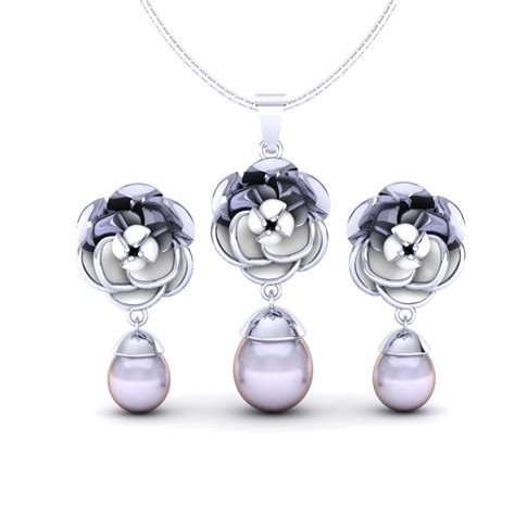 Sterling Silver floral pearl drop chain pendant with earrings for wome ...