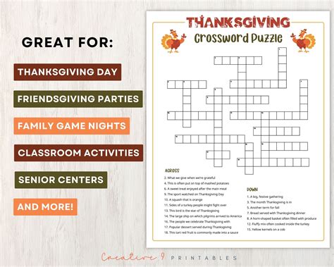 Printable Thanksgiving Crossword Puzzle for Kids and Adults, Crossword ...