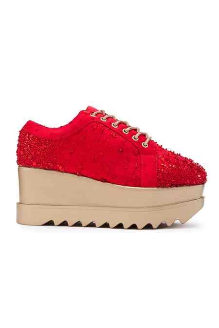 Buy Red Embellished Wedge Sneakers by Anaar Online at Aza Fashions.
