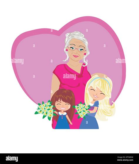 Happy Grandmas Day - happy grandmother hugs her granddaughters Stock ...