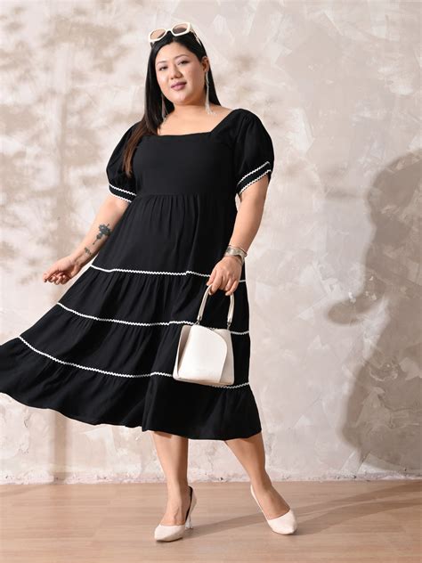 Classic Black Rayon Dress with White Contrast Lace & Flowy Silhouette ...