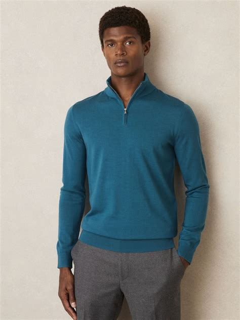 Buy Reiss Deep Teal Blue Blackhall Merino Wool Half-Zip Funnel Neck ...