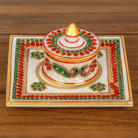 Peacock Meenakari Marble Puja Set – Platter & Covered Container from ...