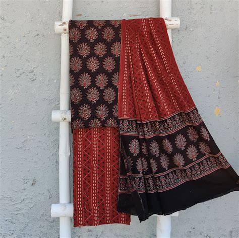 ROZANA - Pure Cotton Ajrak Earthy Black Ajrak Peacock Top Fabric With ...