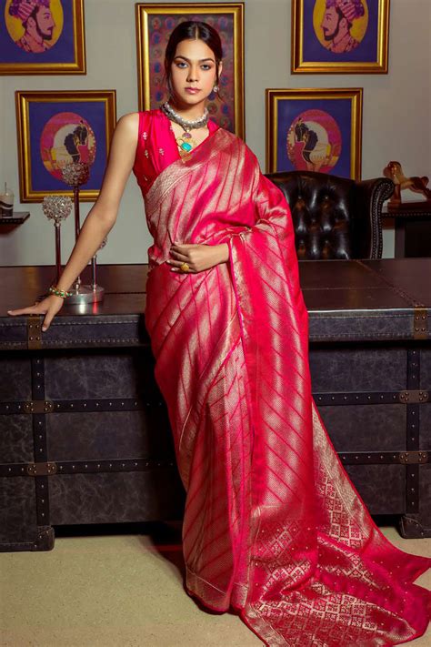 Buy Rose Pearl Pink Zari Woven Satin Silk Saree Online - MySilkLove