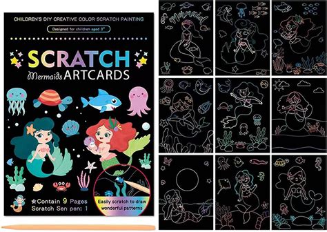 HAPPY HUES® DIY Mermaid Magic Scratch Art for Kids, 9 Sheets Double ...
