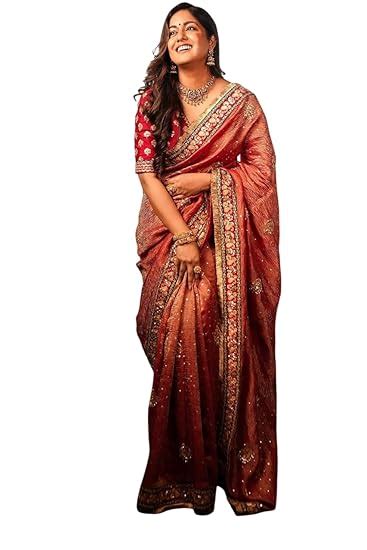 Buy JULEE Women's Twill Net Embroidred Saree (Red Crush) at Amazon.in