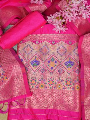 Buy MUFFLY Magenta Banarasi Patola Silk Unstitched Dress Material (Set ...