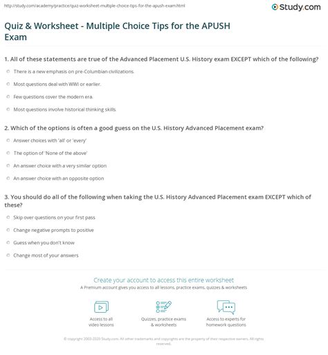 Quiz & Worksheet - Multiple Choice Tips for the APUSH Exam | Study.com