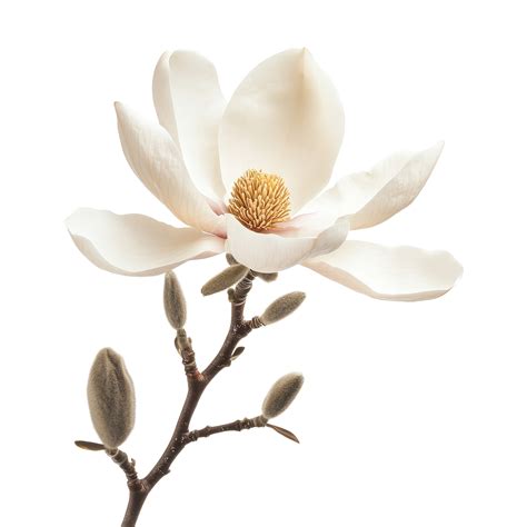 A delicate magnolia flower on a stem with buds captured against a clean ...
