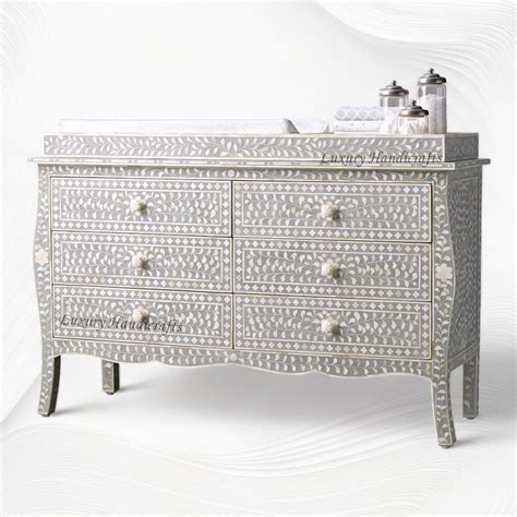 Bone Inlay Curved 6 Drawer Floral Dresser Grey with Topper – Luxury ...