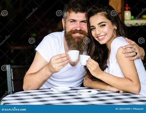 Pleasant Family Moment. Couple in Love Drink Black Espresso Coffee in ...