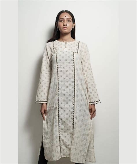 White with full length sleeves gold block print long cotton kurta ...