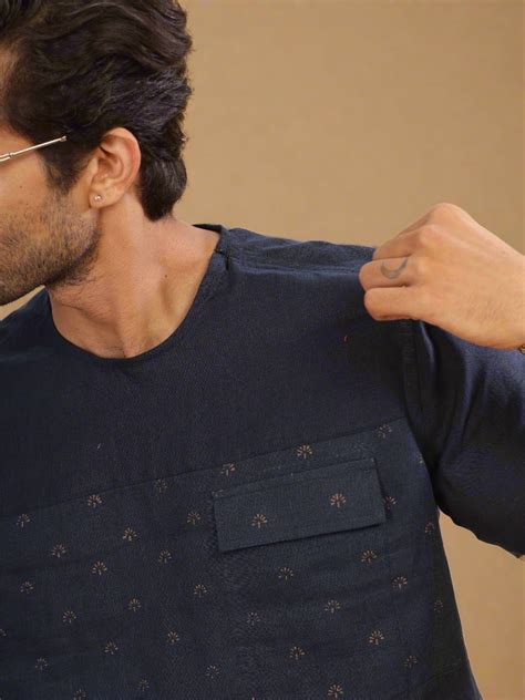 Dark Blue Double Color & Block Printed Pure Linen Short Sleeve T-Shirt ...