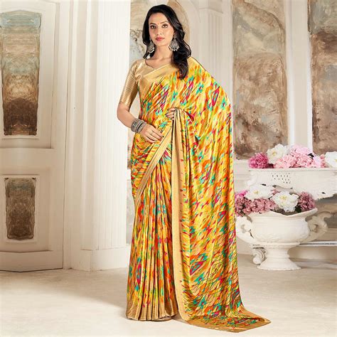 Mustard Geometric Printed Crepe Silk Saree