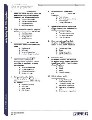 Fillable Online Safety Meeting Quiz: OSHA Inspections OSHA ... - PEC ...