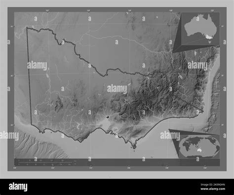 Victoria, state of Australia. Grayscale elevation map with lakes and rivers. Corner auxiliary ...