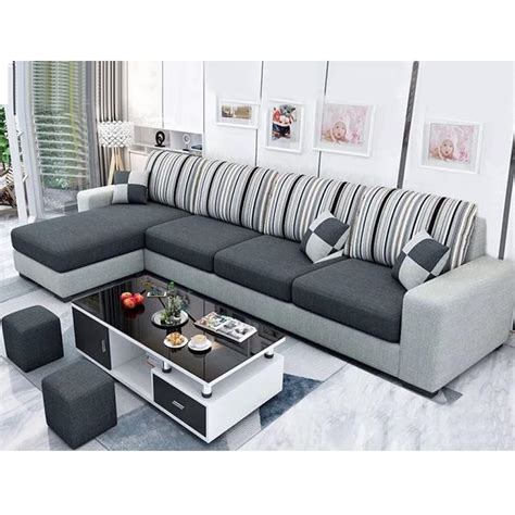 FURNY Lunoy 5 Seater Fabric LHS L Shape Sofa Set with 2 Puffy (Dark ...