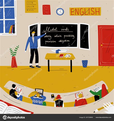 Lección de inglés. Profesor cerca de pizarra en el aula. Vector de ...