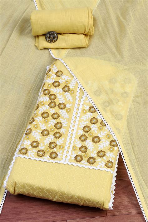 Yellow Cotton Handloom Unstitched Suit Set at Biba India