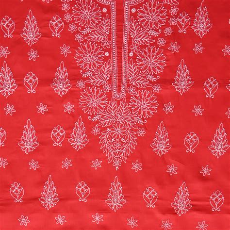 Seva Chikan Hand Embroidered Red Cotton Lucknowi Chikankari Unstitched