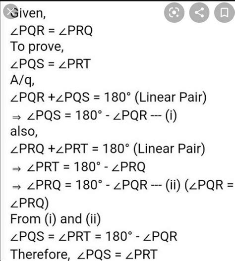 Angle PQR= angle PRQ,then prove that angle PQS=angle PRT. - Brainly.in