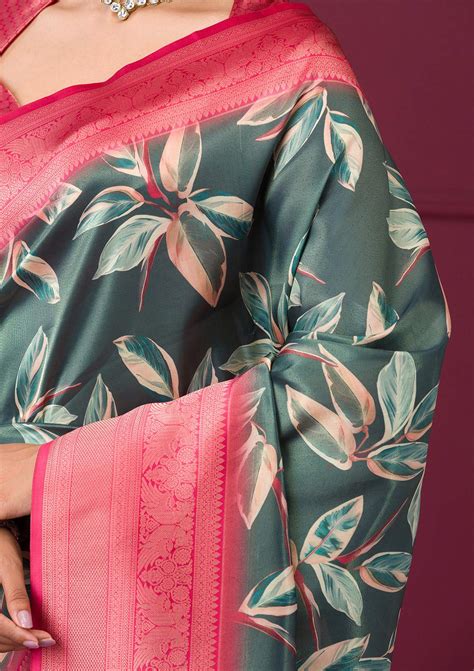 Buy Bottle Green Printed Soft Silk Saree - Koskii