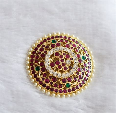 Gold tone semi precious kemp-green-white pearl round peacock hair jewe ...