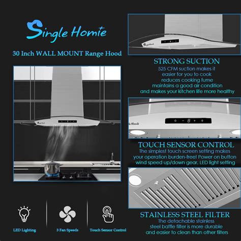 Singlehomie 30 inch Wall Mount Range Hood, 525 CFM Glass Stainless ...