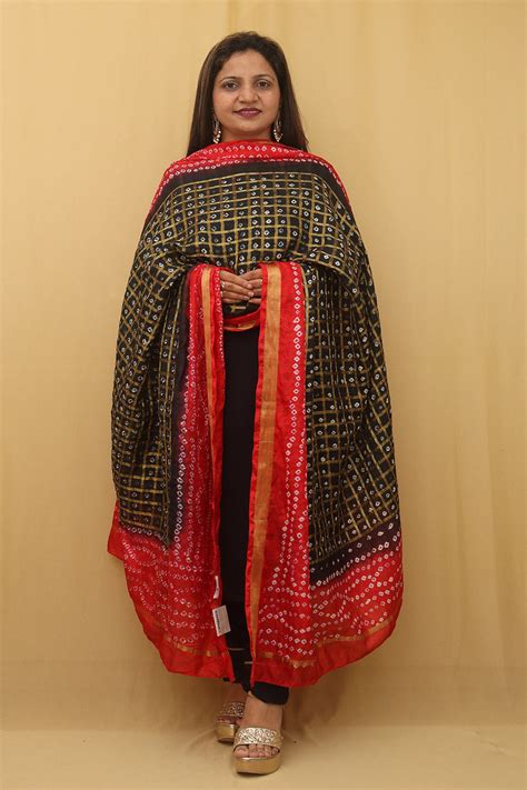 Red & Black Bandhani Silk Dupatta