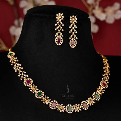 Opulent American Diamond Multi-Color Jewellery Set with Marquise Design ...