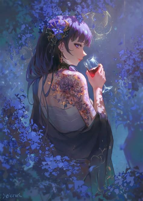 anime, wine glass, moles, purple hair, smiling, tattoo, purple eyes, mole under eye HD Phone ...