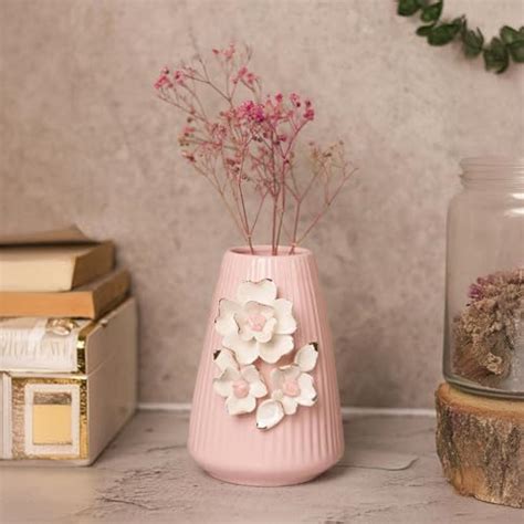 Buy Market99 Pink Ceramic Vase - Engraved Floral Pattern, Flower Holder ...