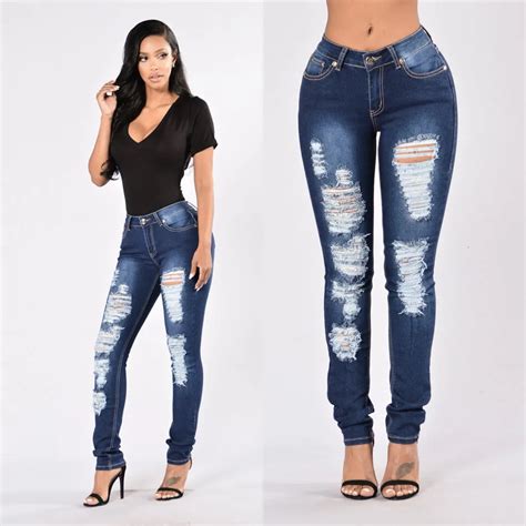 S XL 2016 Fashion Dark Blue Ripped Hole Mid Waist Plus Size Women Denim ...