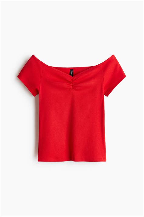 Ribbed boat-neck top - Red - Ladies | H&M IN