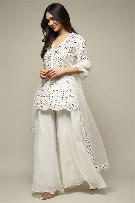 Buy Off White Polyester Short Kurta Sharara Suit Set Online at Biba India
