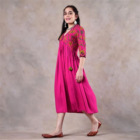 Buy Pink Gathered Alia Cut Dress with Tassels | Rustorange