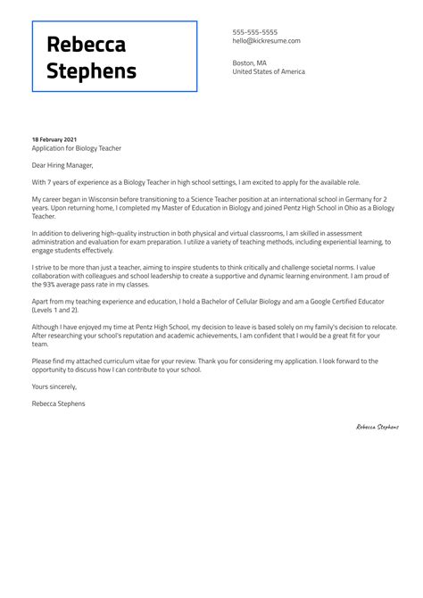 Biology Teacher Cover Letter Template | Kickresume