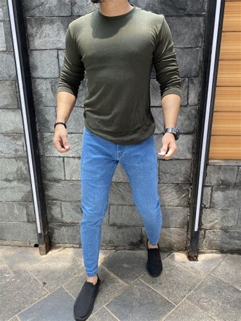 Vertical Rib Stretchable Olive Fullsleeve Tshirt