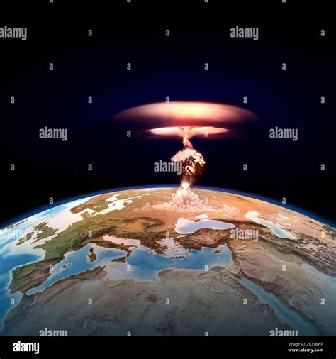 Atomic bomb explosion on Europe. Nuclear war starting with a mushroom cloud, dangers of nuclear ...