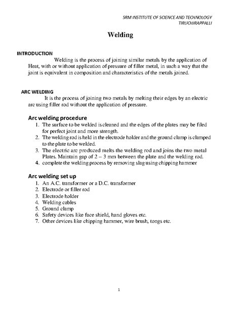 Welding - TIRUCHIRAPPALLI Welding INTRODUCTION Welding is the process ...